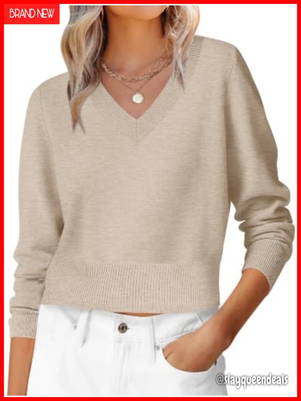 Women's Long Sleeve V Neck Cropped Sweater Pullover Knit Top